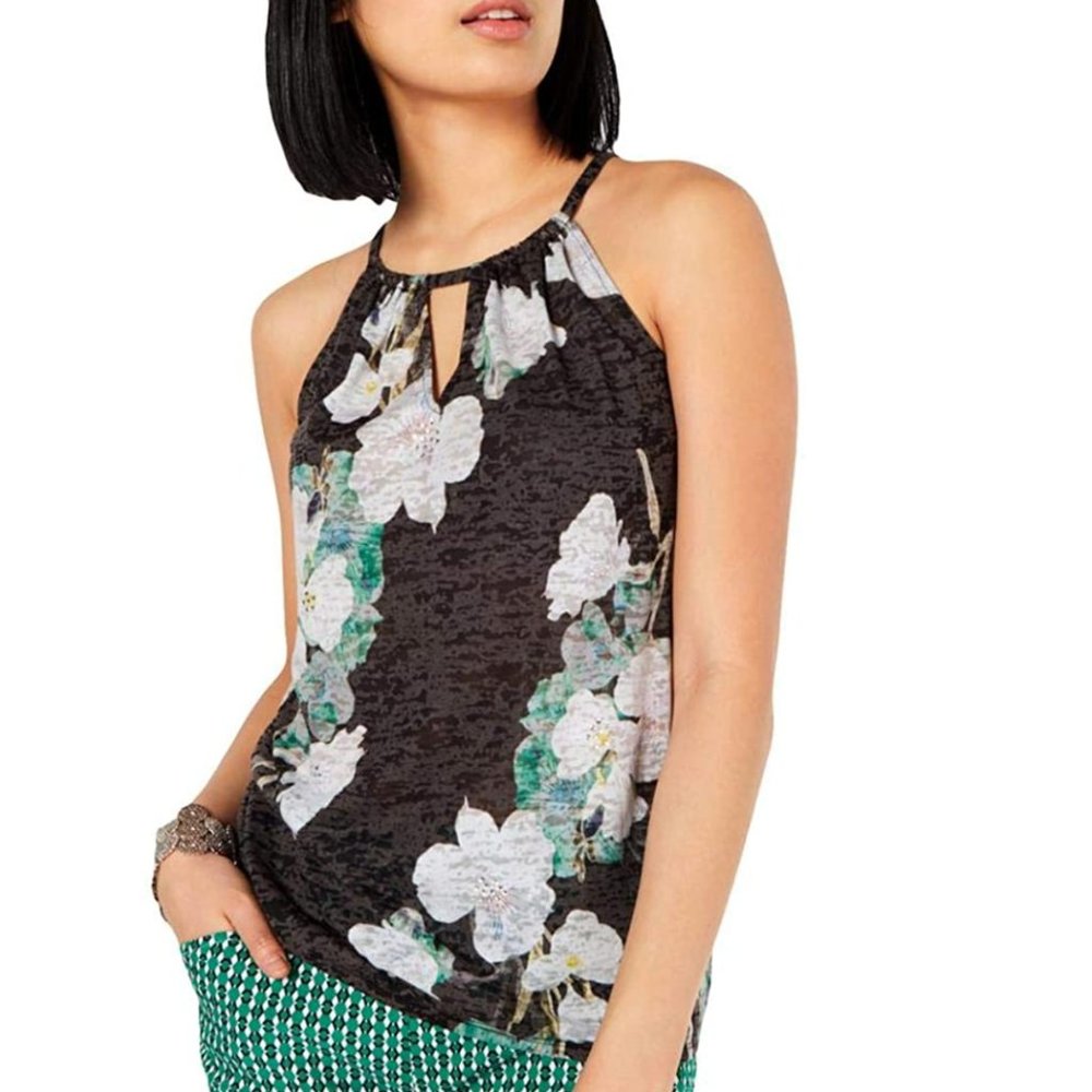 INC Printed Halter Top floral DEEP Black